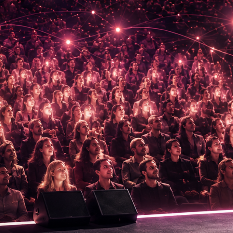 Captivated audience faces lit by magenta stage light