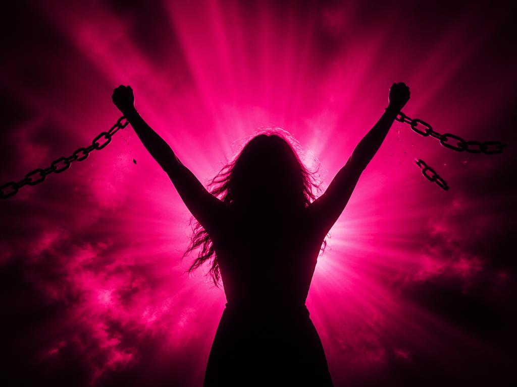 Woman breaking free from chains with radiant magenta light